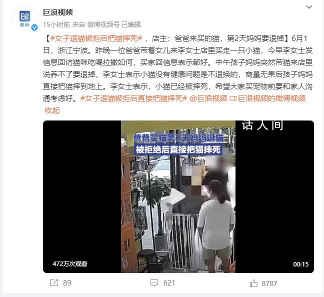 女子退貓被拒后直接把貓摔死 爸爸來買的貓第2天媽媽要退掉