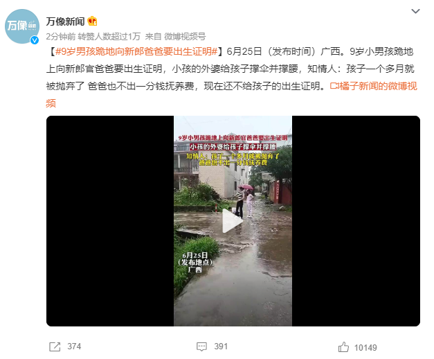 9歲男孩跪地向新郎爸爸要出生證明 爸爸也不出一分錢撫養費