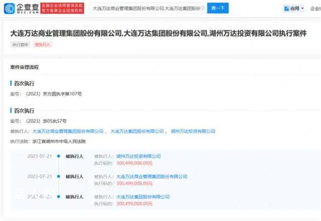 萬達集團被強制執行3億 執行法院為浙江省湖州市中級人民法院