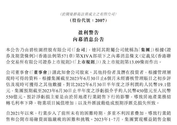 碧桂園:上半年預虧450-550億