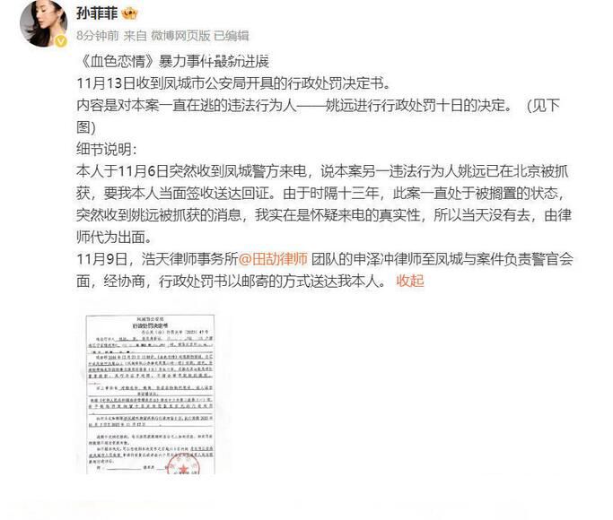 孫菲菲事件施暴人被行政拘留 對姚遠進行行政處罰十日的決定