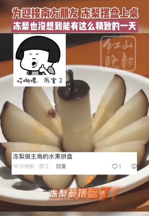 哈爾濱凍梨碰到南方游客變精致了 凍梨的正確吃法應該是咬一口然后吸溜