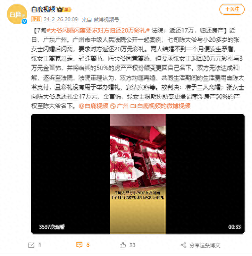 大爺閃婚閃離要求對方退20萬彩禮 法院:返還17萬歸還房產