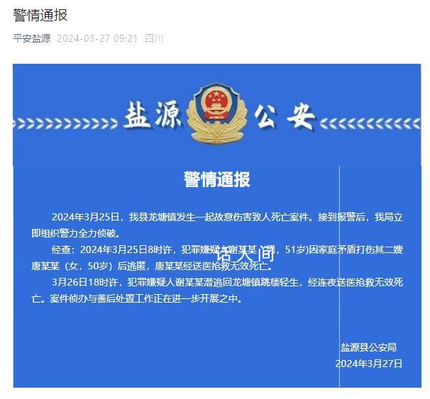 男子打傷二嫂致死后逃匿跳樓身亡 